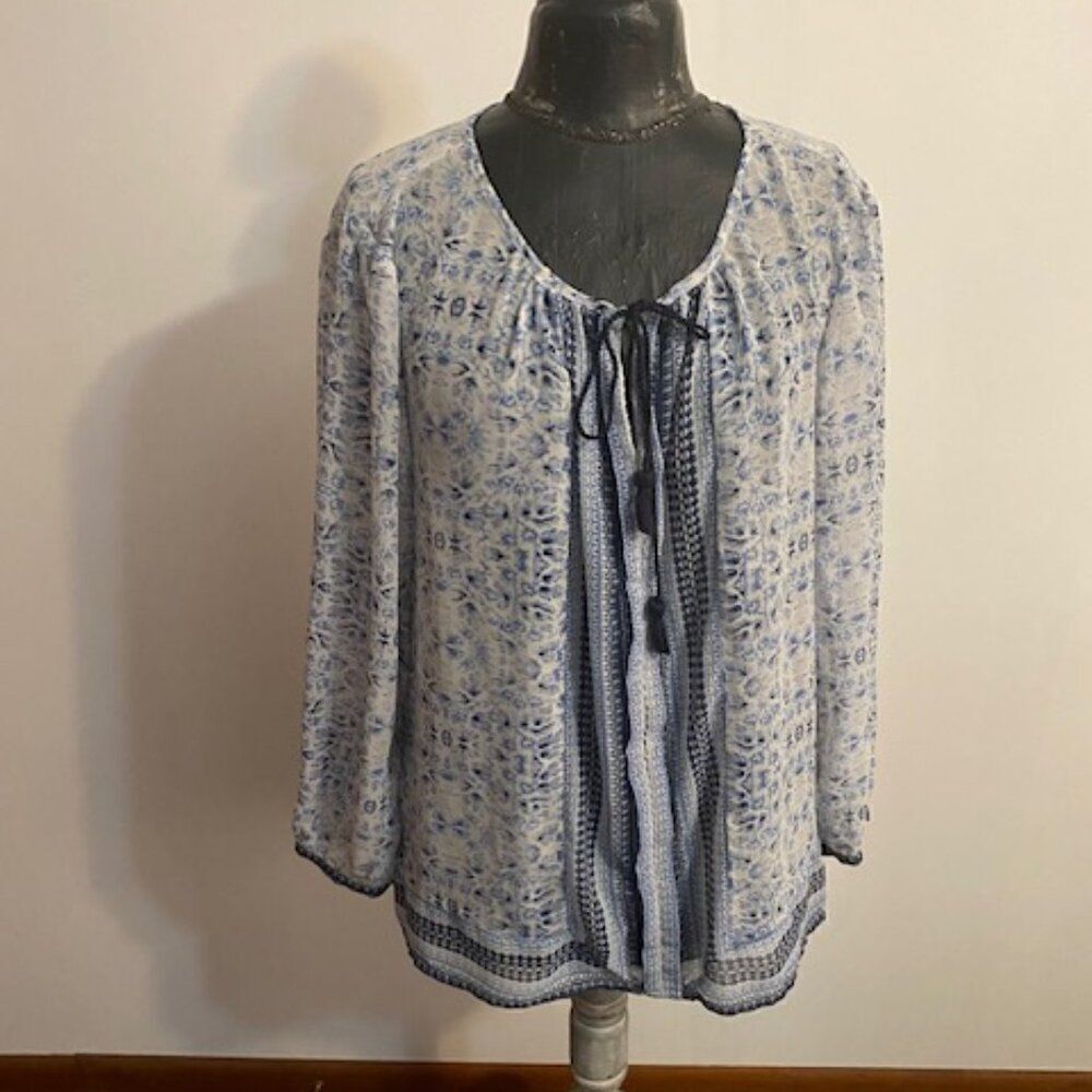 Lucky Brand Blue/White Floral print long sleeves semi sheer tunic, size XL